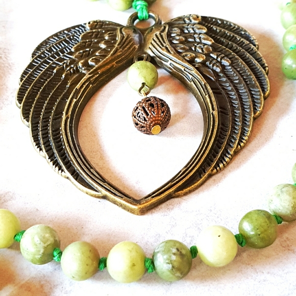 Jade Beads Antique Bronze Wings Long Necklace - Picture 2 of 6